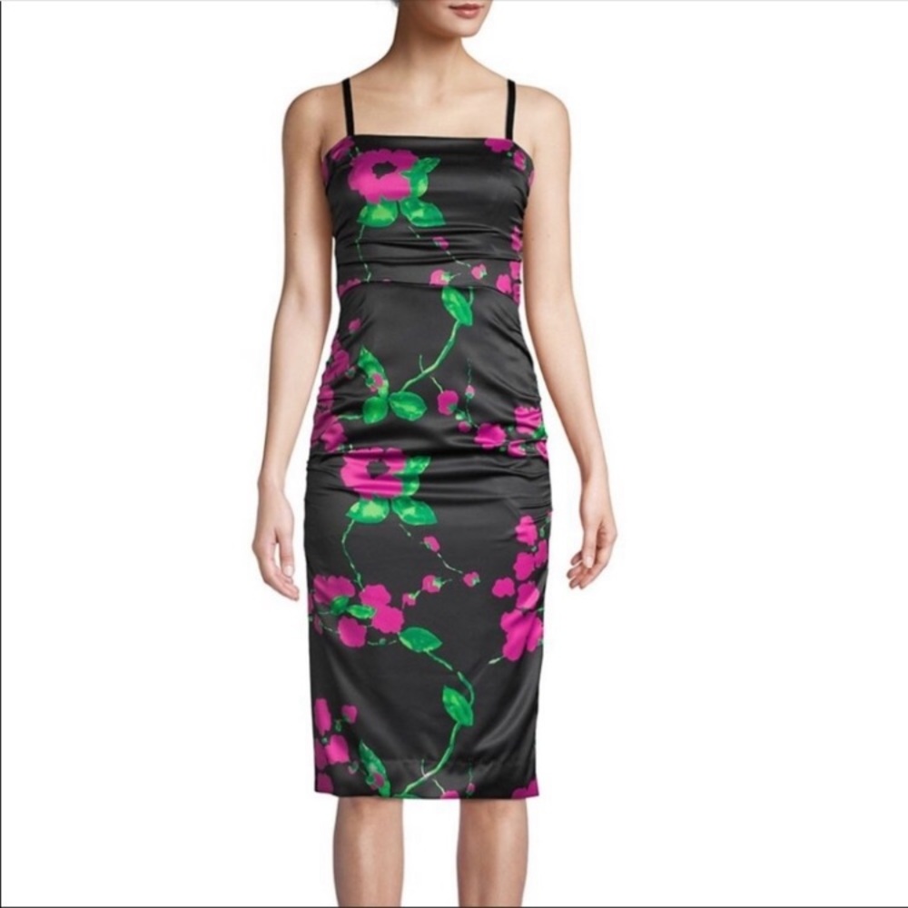 Milly Black Dayna Floral Ruched Stretch Satin Sheath Dress